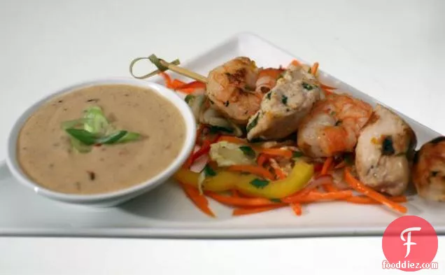 Chicken and Shrimp Satay with Coconut Peanut Sauce and Fresh Vegetable Salad