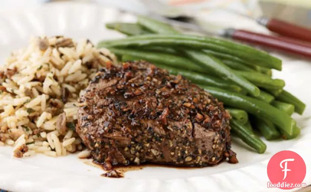 Pepper and Garlic-Crusted Tenderloin Steaks with Port Sauce