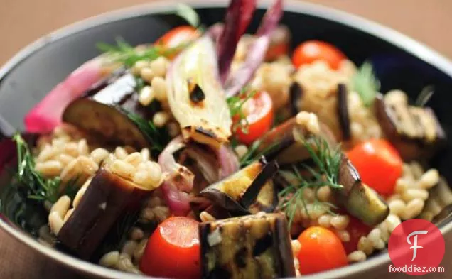 Farro Salad with Grilled Eggplant, Tomatoes and Onion