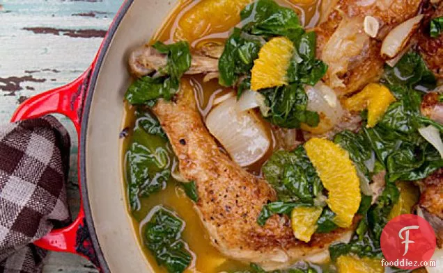 Cane Vinegar Chicken with Pearl Onions, Orange, and Spinach