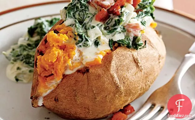 Baked Sweet Potatoes with Creamy Spinach Topping