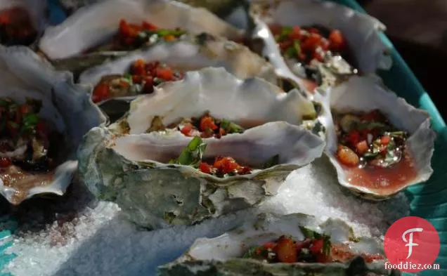 Tuscan Wood-Grilled Oysters with Crispy Pancetta-Tomato-Basil Mignonette