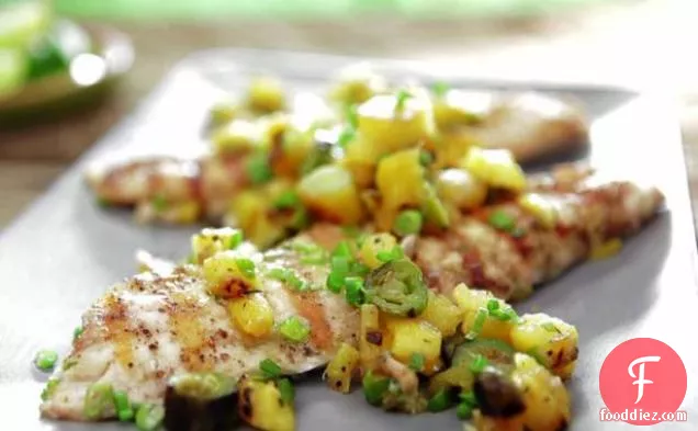 Grilled Pink Snapper with Caramelized Pineapple-Green Onion Butter and Relish