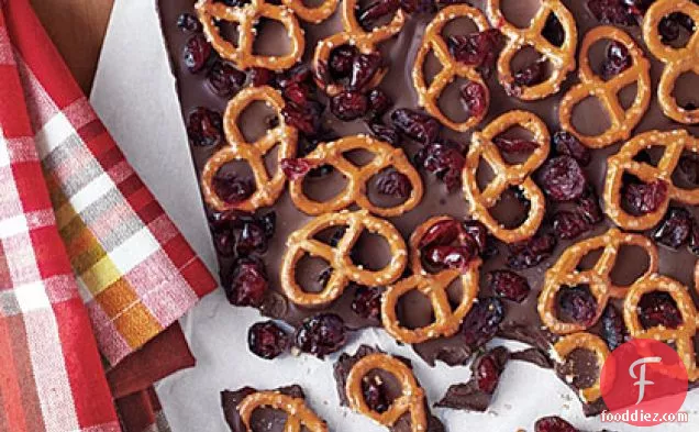 Dark Chocolate Bark with Pretzels and Dried Cranberries
