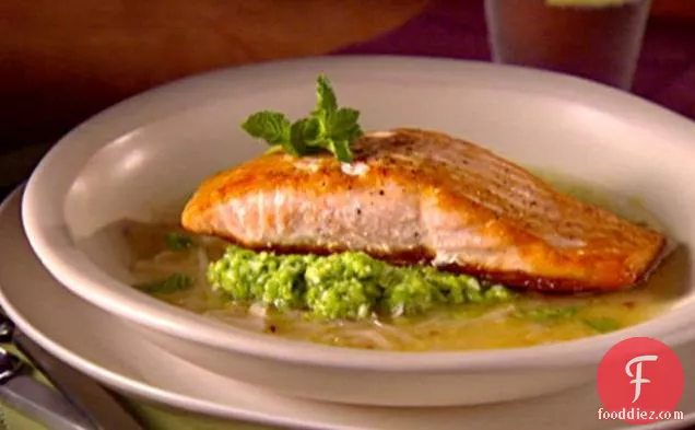Salmon in Lemon Brodetto with Pea Puree