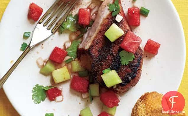 Grilled Pork Chops with Two-Melon Salsa