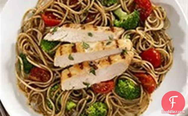 Barilla® Whole Grain Spaghetti with Cherry Tomatoes, Marinated Chicken Breast and Pesto