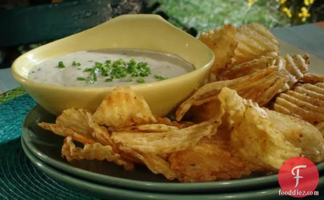 Potato Chips Warmed on Grill with Gorgonzola Sauce and Chives