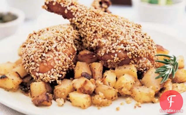 Sesame Drumsticks with Crusty Oven Hash