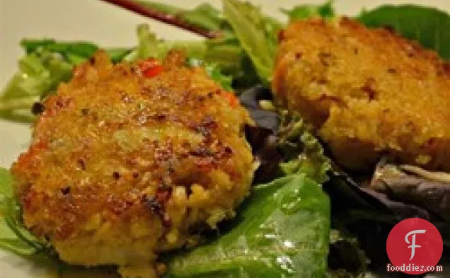 Deviled Crab Cakes on Mixed Greens with Ginger-Citrus Vinaigrette