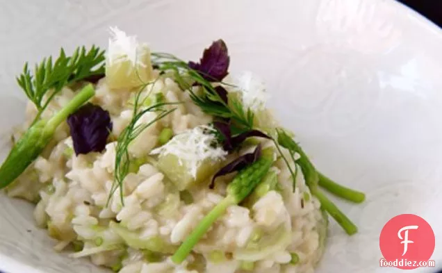 Wild Asparagus And Opal Basil Risotto With Chilled Green Tomato
