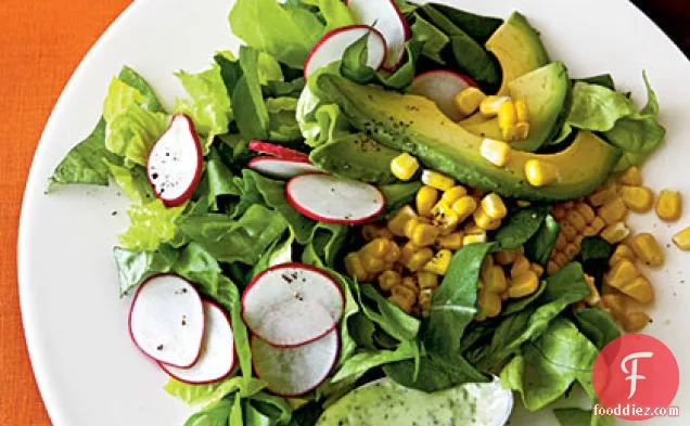 Roasted Corn and Radish Salad with Avocado-Herb Dressing