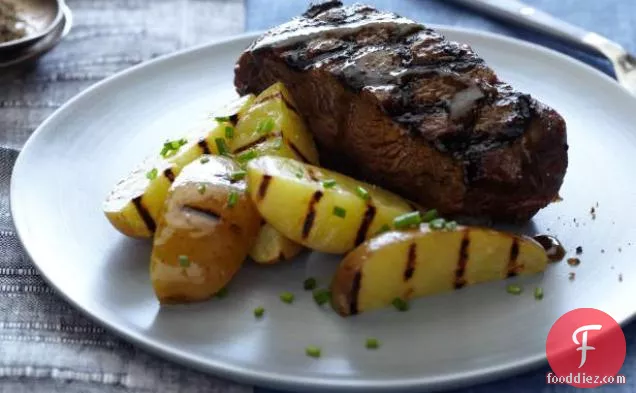 Whiskey Glazed Flat Iron Steaks and Grilled Potatoes