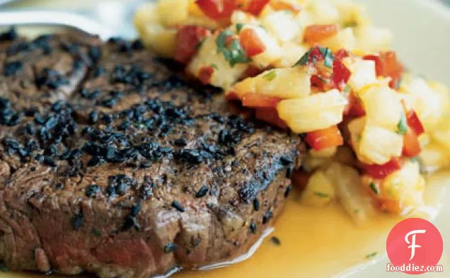 Sesame-Crusted Beef Tenderloin Steaks with Pineapple, Mango, and Red Pepper Relish