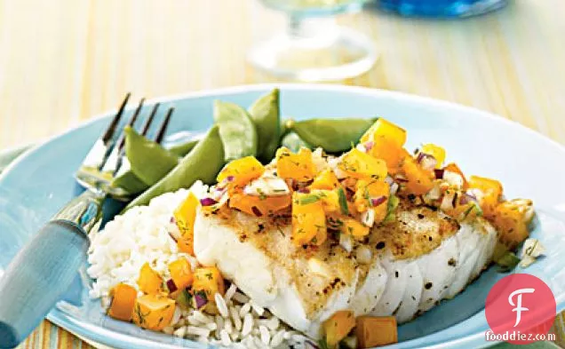 Halibut with Persimmon Tomato and Dill Relish