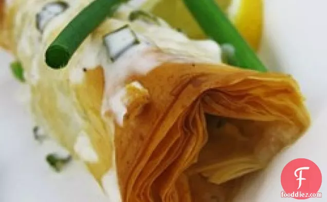 Phyllo-wrapped Halibut Fillets With Lemon Scallion Sauce
