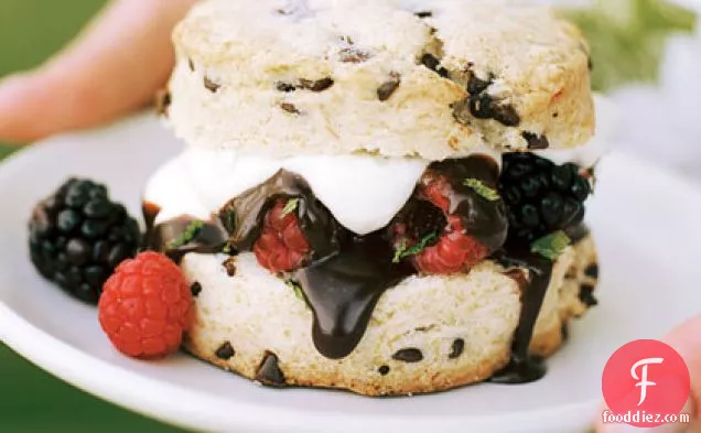 Chocolate-chip Shortcakes with Berries and Dark Chocolate Sauce