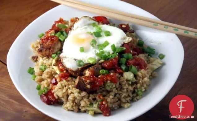 Brown Rice Bowl With Soy Sauce Marinated Tofu And A Fried Egg