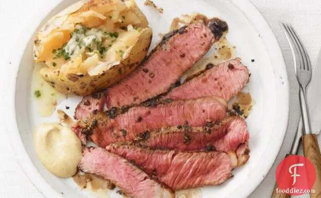 Herb-and-Mustard Sirloin With Baked Potatoes