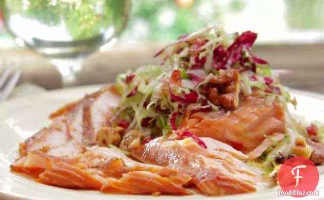Maple-Mustard-Mixed Pepper Glazed Salmon with Brussels Sprout Slaw