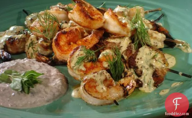 Grilled Shrimp Skewers with Mustard-Dill Dressing and Black Olive Yogurt Sauce
