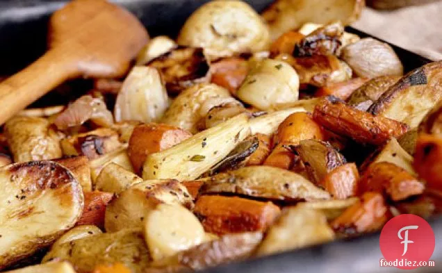 Roasted Potatoes, Parsnips, and Carrots with Horseradish Sauce