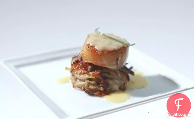 Spiced Seared Scallops with Potato-Pear Pancake and Champagne Beurre Blanc