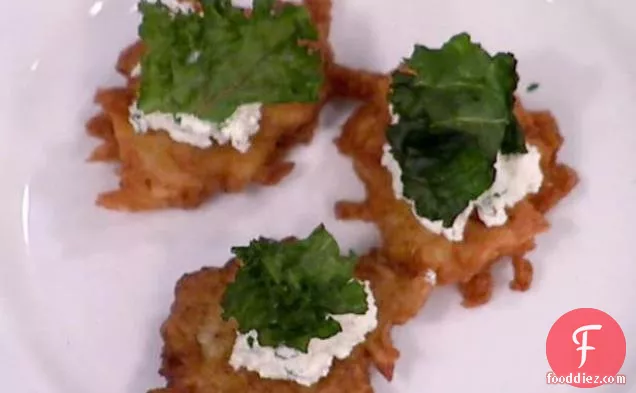 Crispy Potato Cakes with Farmer Cheese, Scallion, Black Pepper and Kale Chips