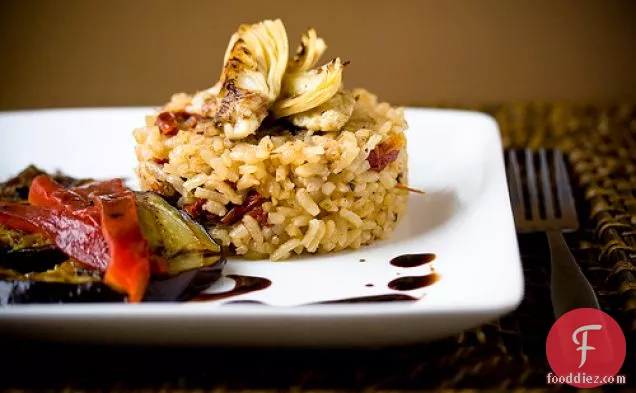 Baked Risotto With Grilled Veggies And Balsamic Reduction