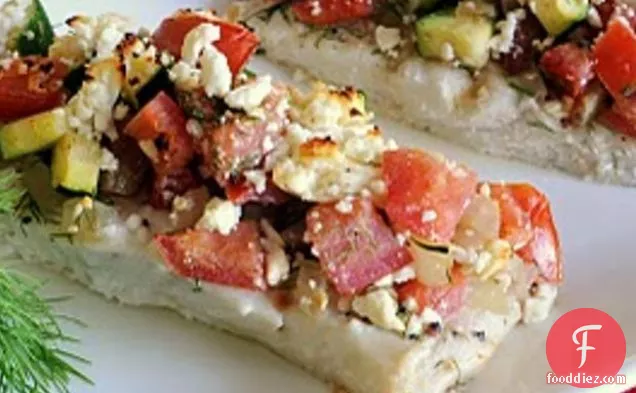 Baked Halibut Topped With Zucchini, Tomato, Dill, And Feta