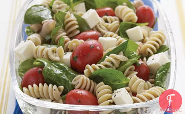 Spinach, Tomato, and Fresh Mozzarella Pasta Salad with Italian Dressing