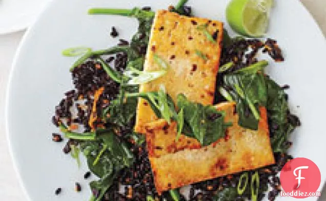 Fried Black Rice With Ginger Tofu And Spinach