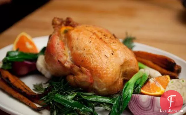 Roasted Chicken with Star Anise Sauce, Ginger Carrots and Snap Peas