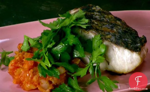 Grilled Striped Bass with Cauliflower and Tomatoes with Caperberries and Black Olives with Parsley Salad