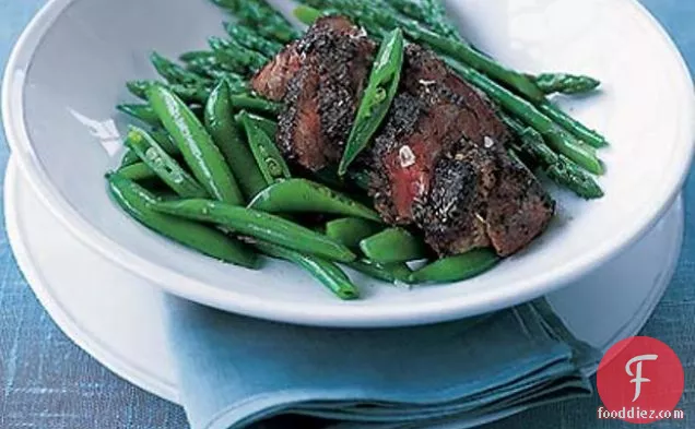 Barbecued Lamb Fillet With Asparagus & Sugar Snaps