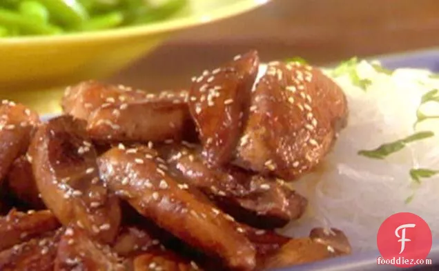 Honey-Teriyaki Chicken Fingers with Sesame Seeds with Sesame Cellophane Noodles and Snap Peas
