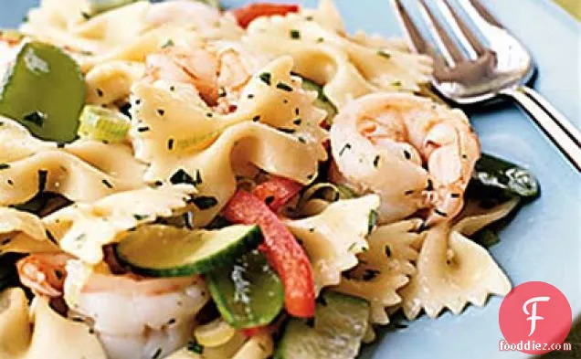 Farfalle with Shrimp, Snow Peas, and Ginger-Sesame Dressing