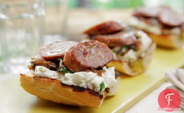 Grilled Sausages with Grilled Shallot Relish with Fresh Ricotta and Toasted Baguette