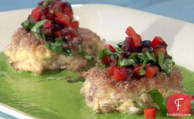 Blue Corn Crab Cakes with Black Olive-Red Pepper Relish and Basil Vinaigrette