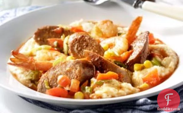 Hot Italian Sausage and Shrimp with Asiago Grits