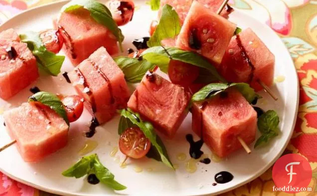 Tomato, Watermelon, and Basil Skewers