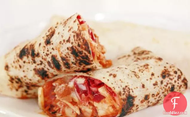 Tequila-Orange BBQ Chicken Burritos with Sharp Cheddar, Baked Beans and Red Cabbage