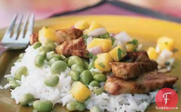 Chicken with Mango Salsa, Edamame, and Coconut Rice