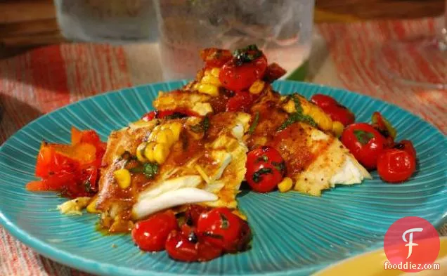 Grilled Halibut with Corn-Coconut Curry Sauce and Grilled Cherry Tomato Chutney