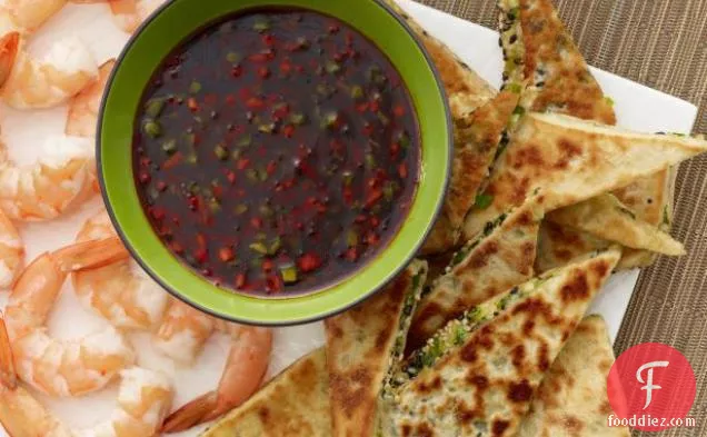 Sweet-and-Spicy Asian Dipping Sauce with Sesame-Scallion Flatbread and Shrimp