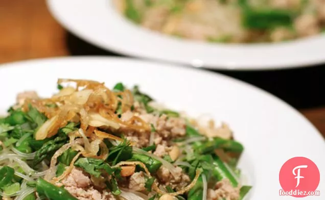 Thai Noodles With Ground Chicken And Crispy Shallots
