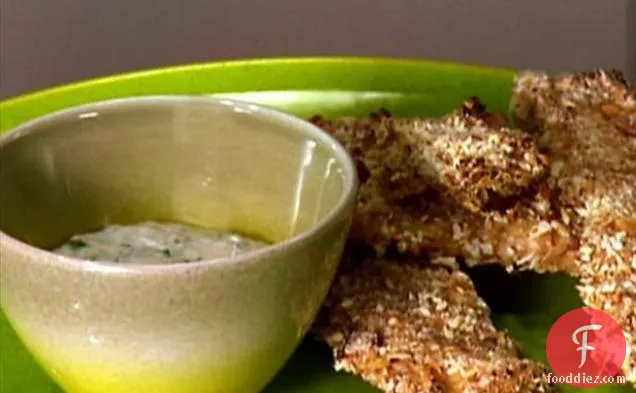 Dijon, Saltine and Wheat Germ Crusted Chicken Fingers with Ranch Dipping Sauce