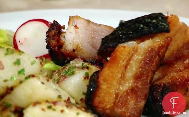 Roasted Pork Belly with Warm Potatoes and a Celery Radish Salad