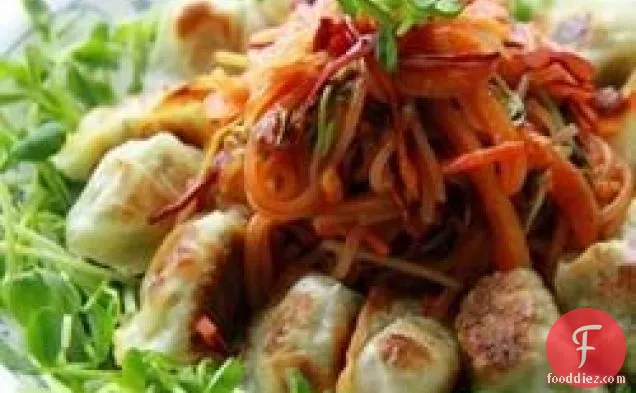 Hot Spicy Cold Noodle Salad with Fried Dumplings