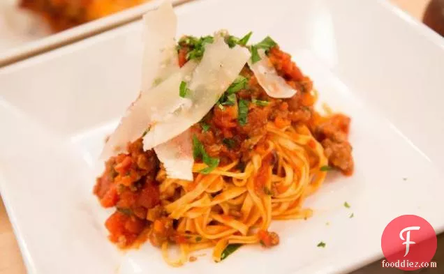 Linguini Bolognese with Pancetta, Beef, Tomato Sauce, Herbs and Parmesan